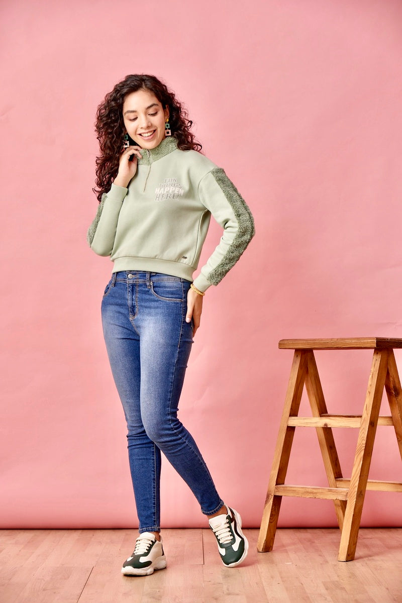 Green Half Zip Anti Fit Crop Sweat Shirt