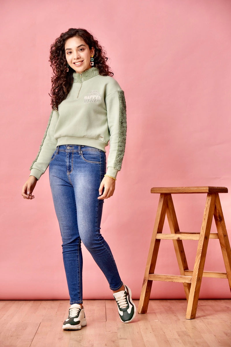 Green Half Zip Anti Fit Crop Sweat Shirt