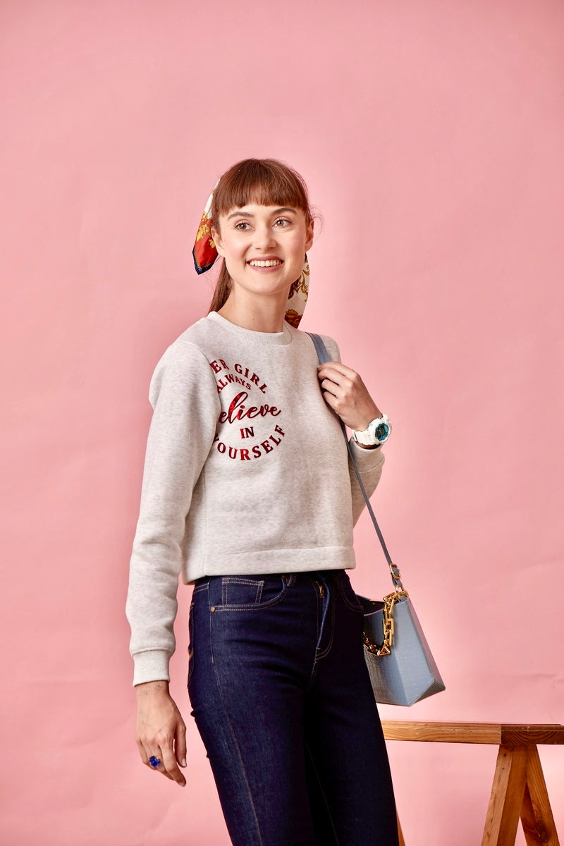 Grey Melange Crop Sweat Shirt