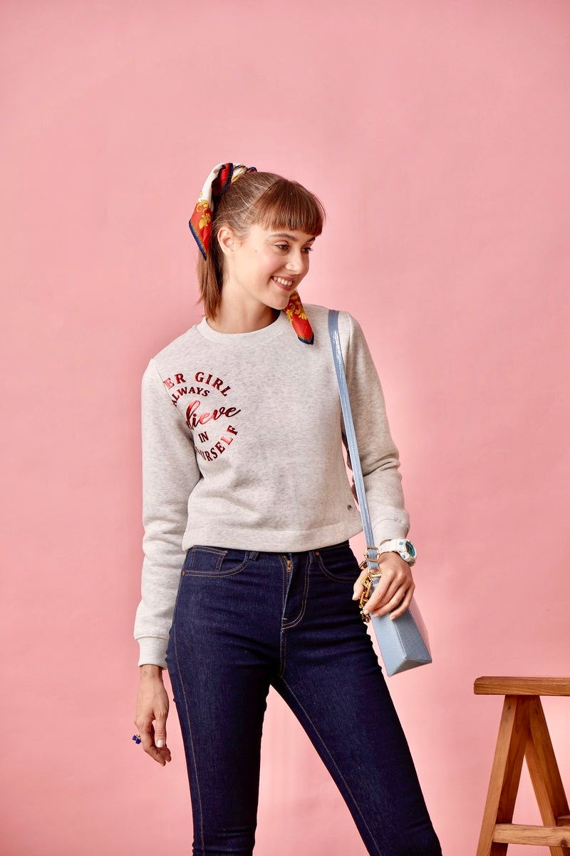 Grey Melange Crop Sweat Shirt