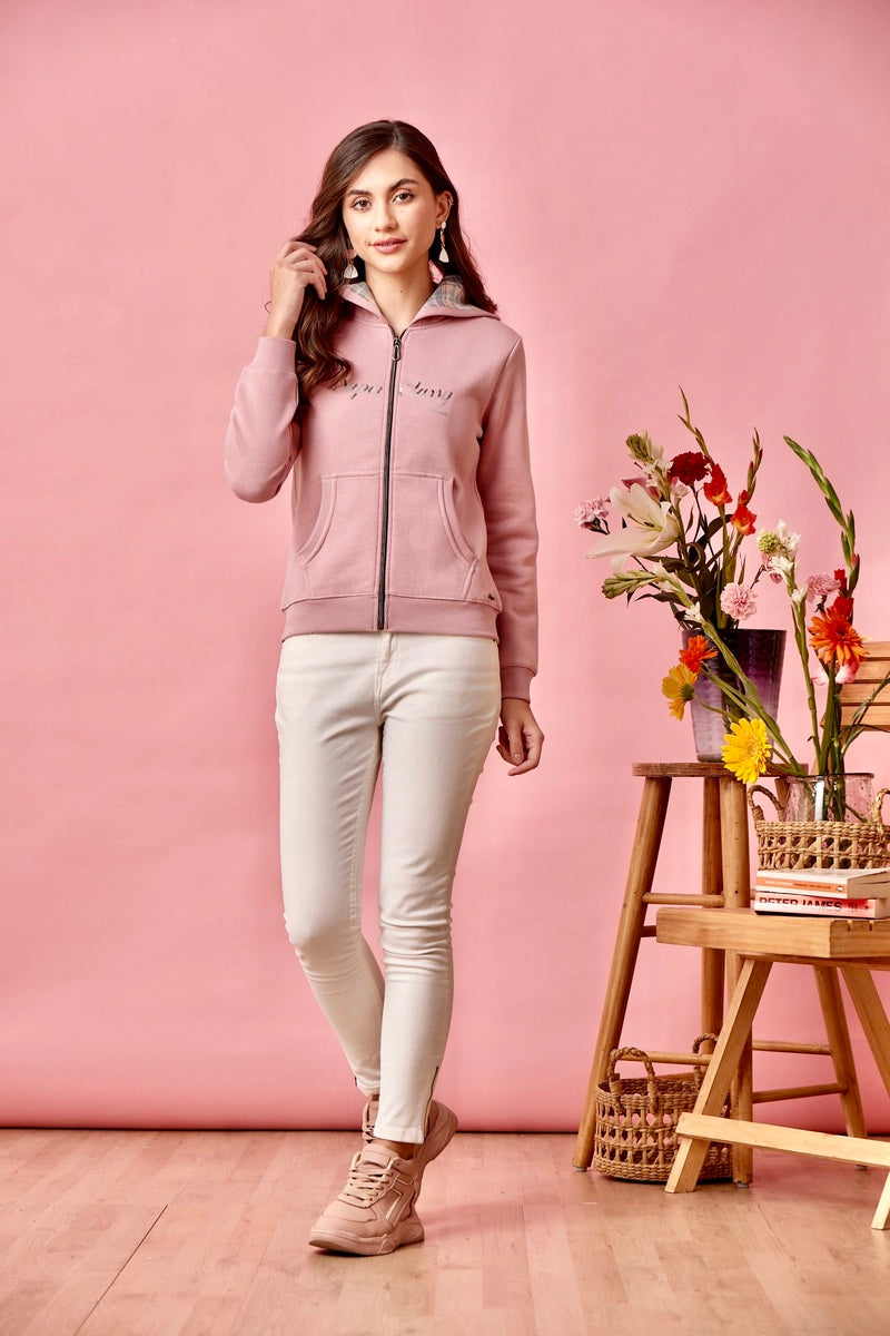 Pink Embellished Zipper Hoodie Sweat Shirt