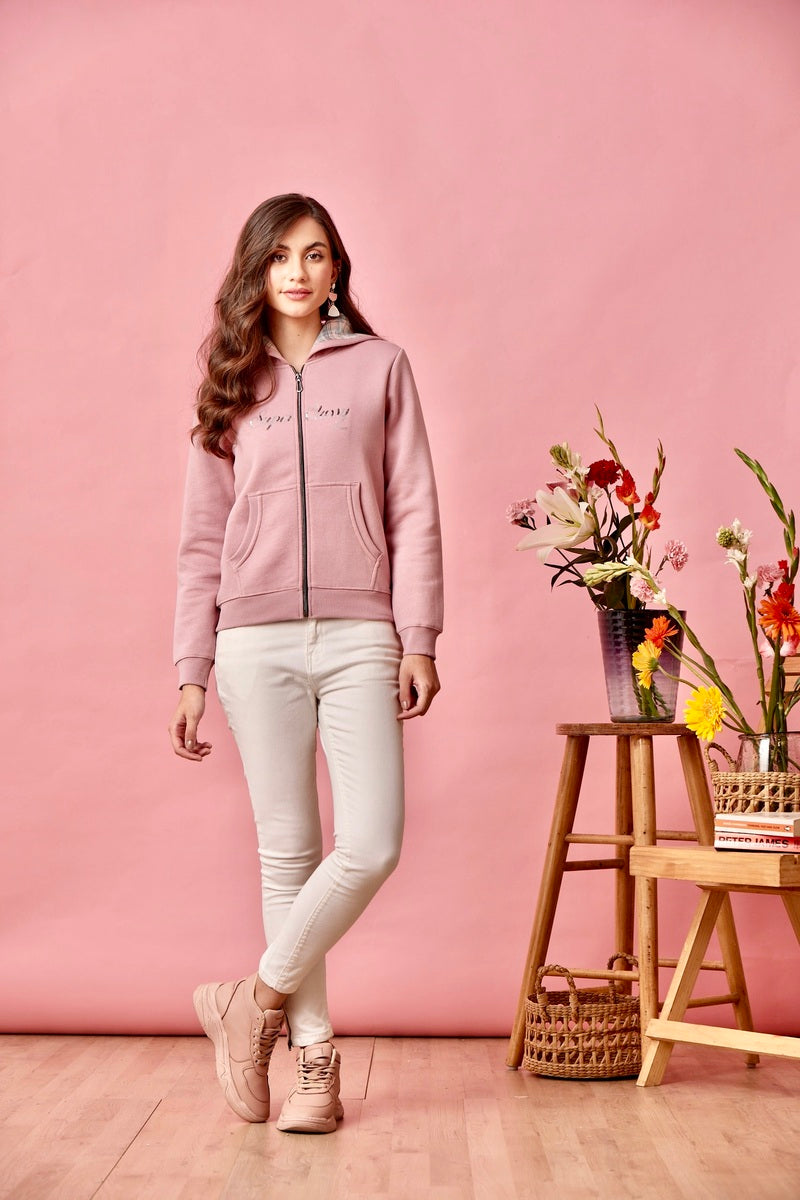 Pink Embellished Zipper Hoodie Sweat Shirt