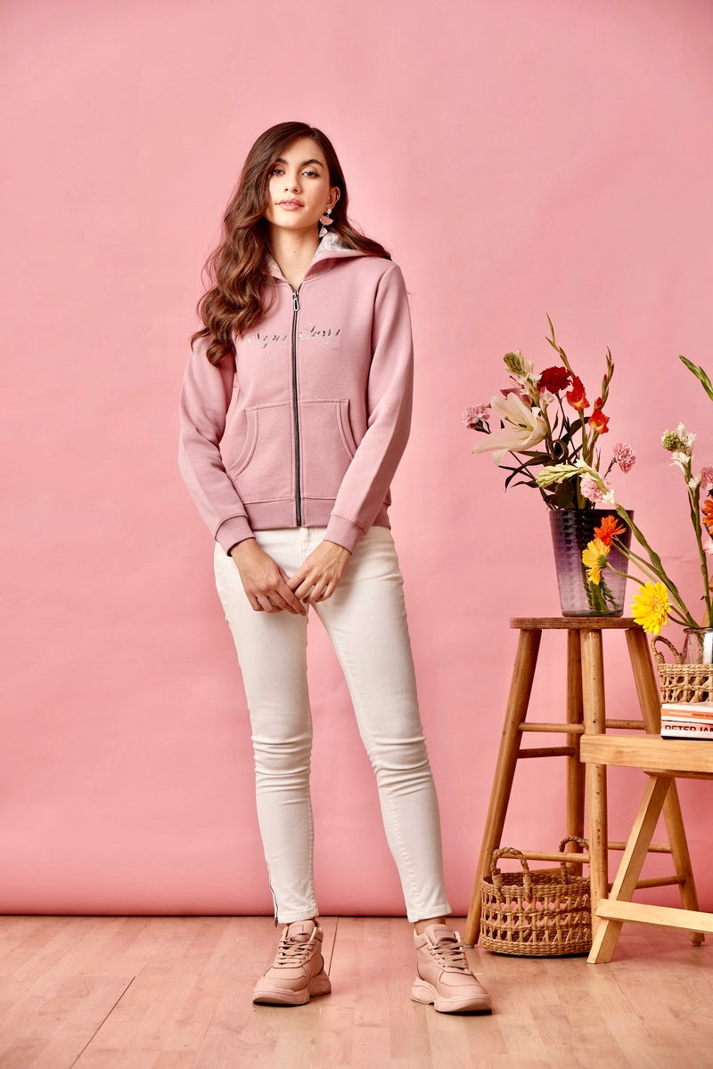 Pink Embellished Zipper Hoodie Sweat Shirt