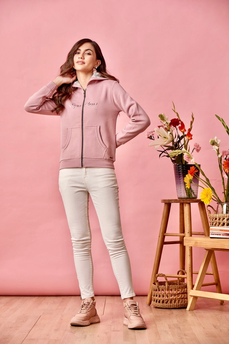 Pink Embellished Zipper Hoodie Sweat Shirt