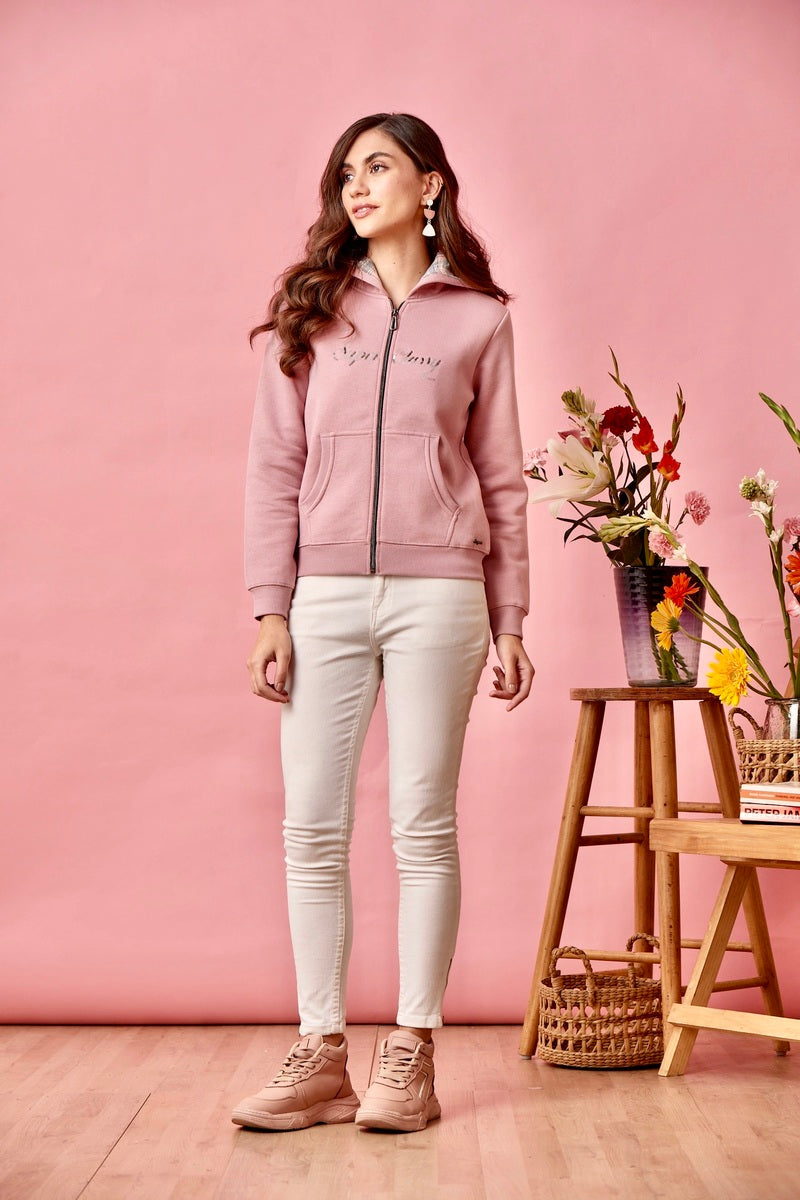 Pink Embellished Zipper Hoodie Sweat Shirt