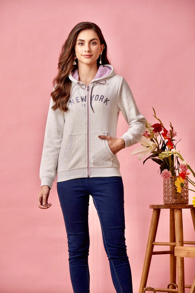 32731 - Grey Pink Multi Coloured Melange Hoodie Print Sweat Shirt