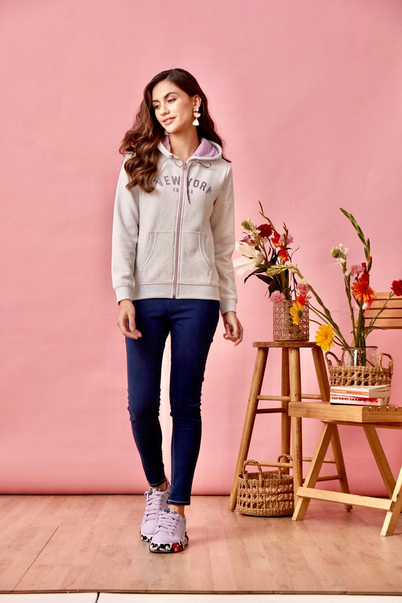 32731 - Grey Pink Multi Coloured Melange Hoodie Print Sweat Shirt