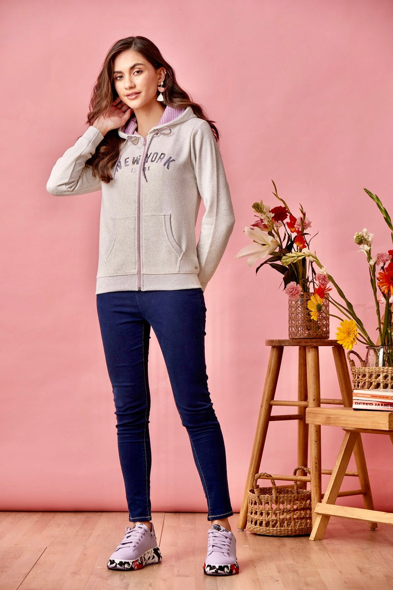 32731 - Grey Pink Multi Coloured Melange Hoodie Print Sweat Shirt