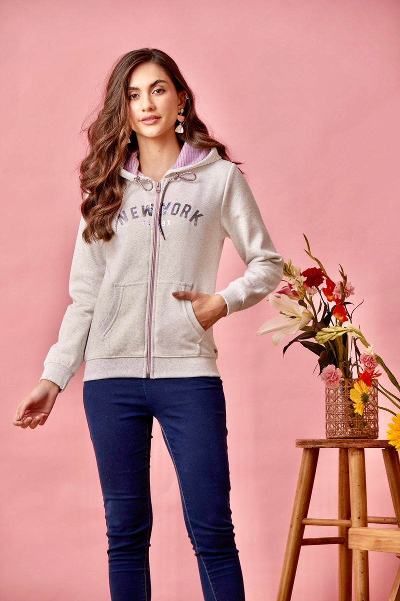 32731 - Grey Pink Multi Coloured Melange Hoodie Print Sweat Shirt