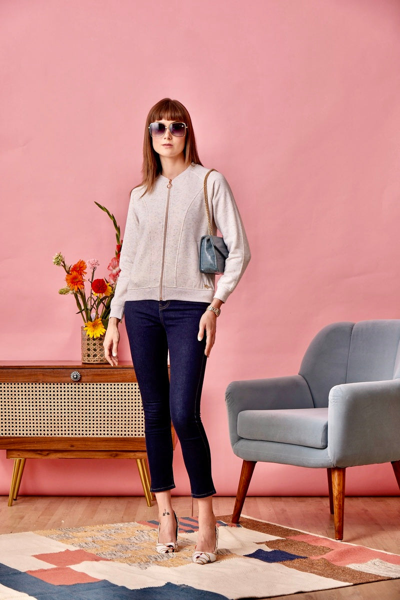 Off White Melange Zipper Sweat Shirt