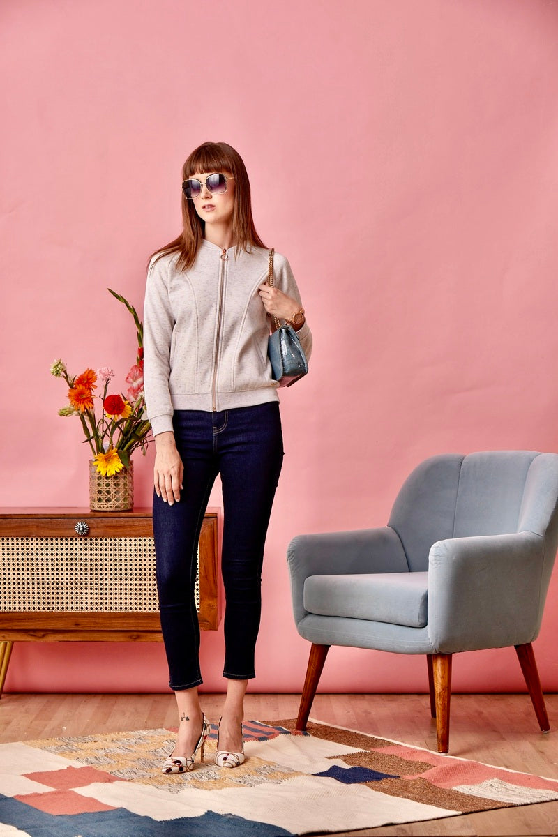 Off White Melange Zipper Sweat Shirt