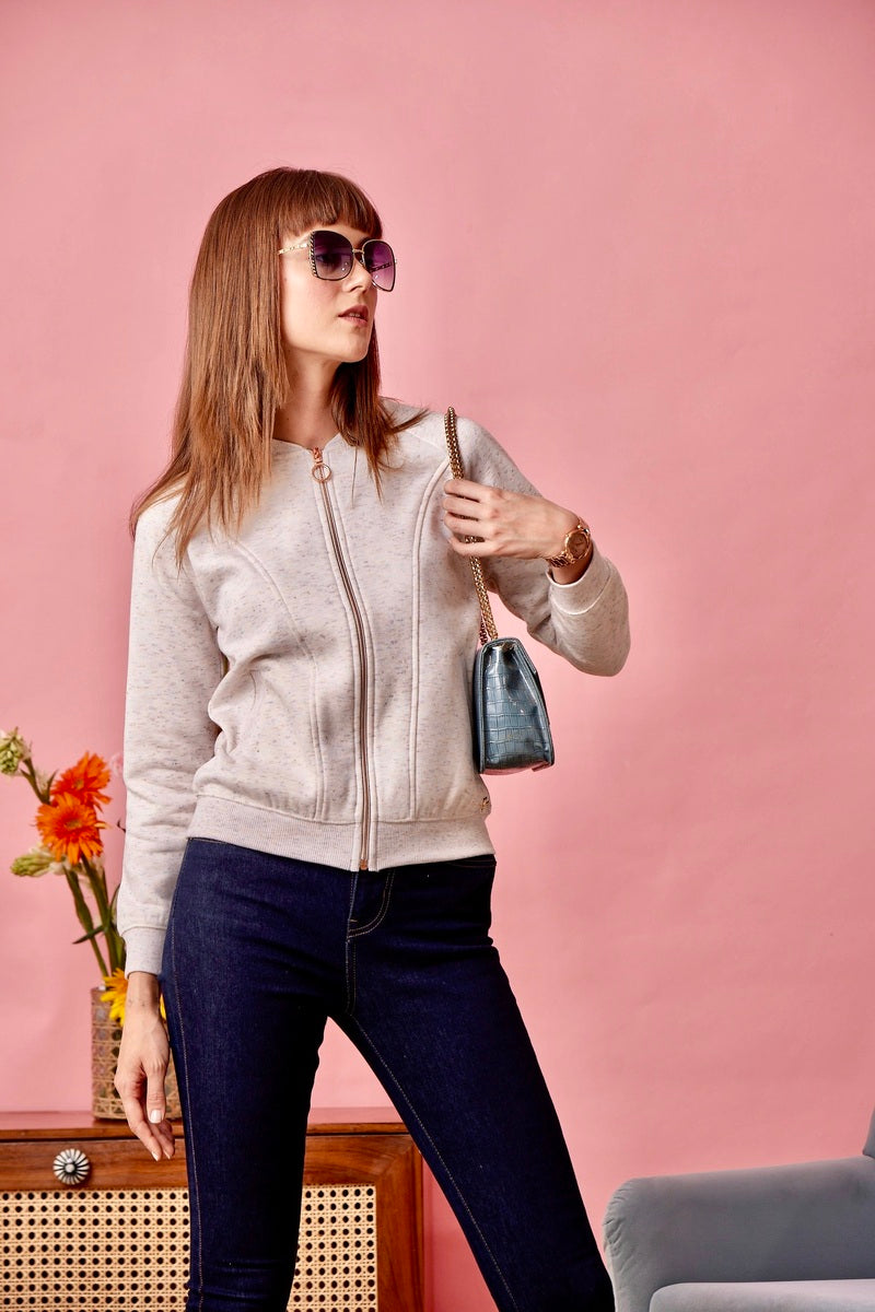 Off White Melange Zipper Sweat Shirt