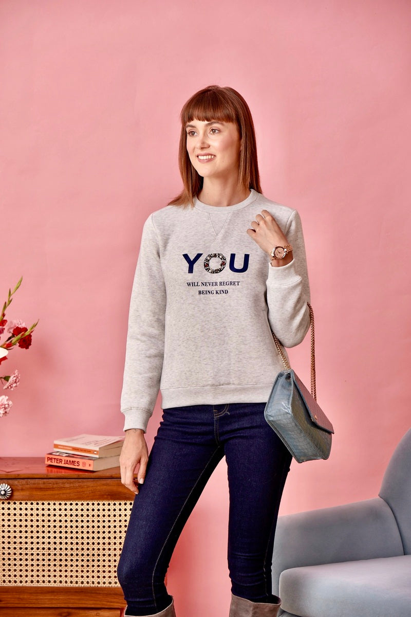 Grey Melange Print & Embellished Sweat Shirt