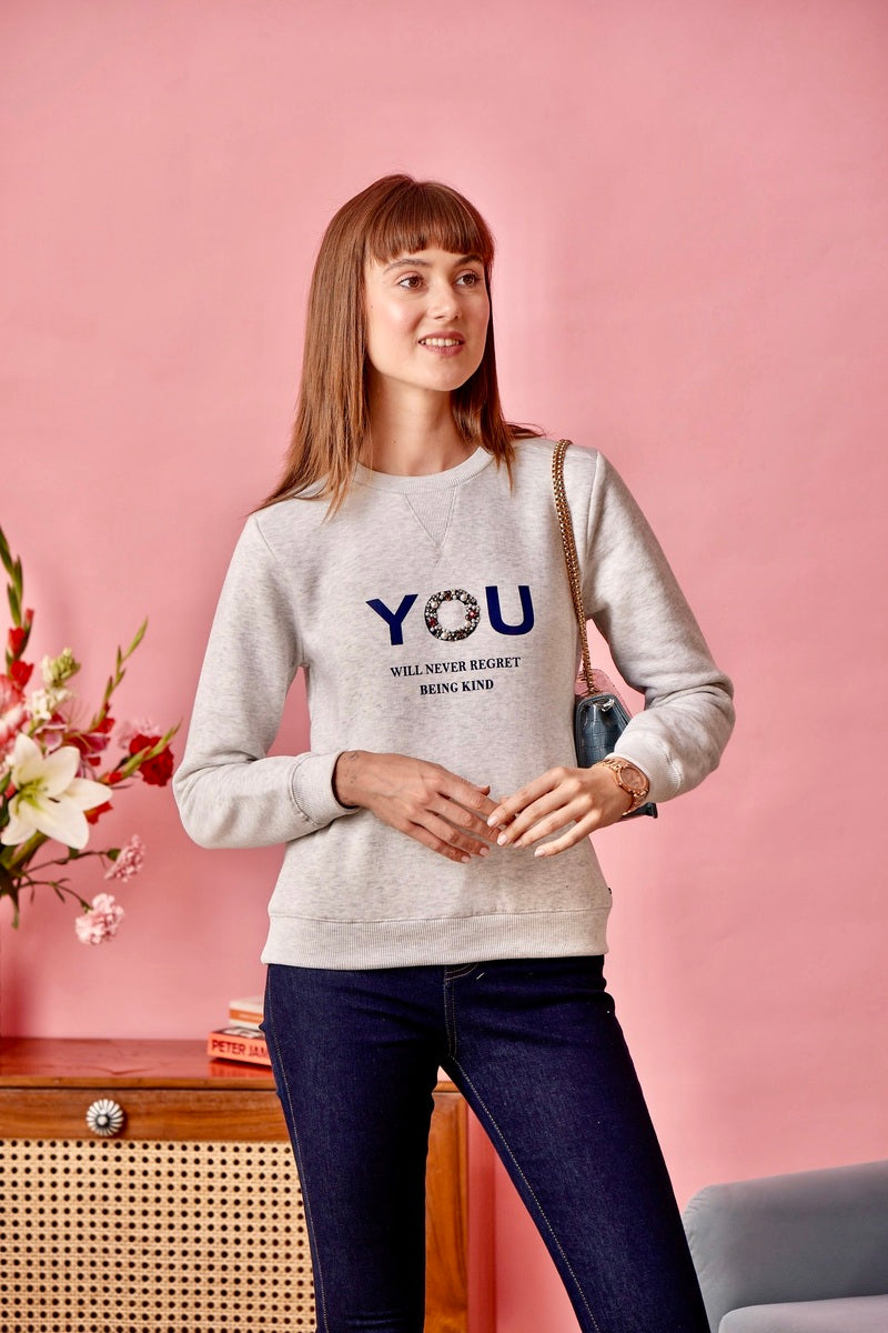 Grey Melange Print & Embellished Sweat Shirt