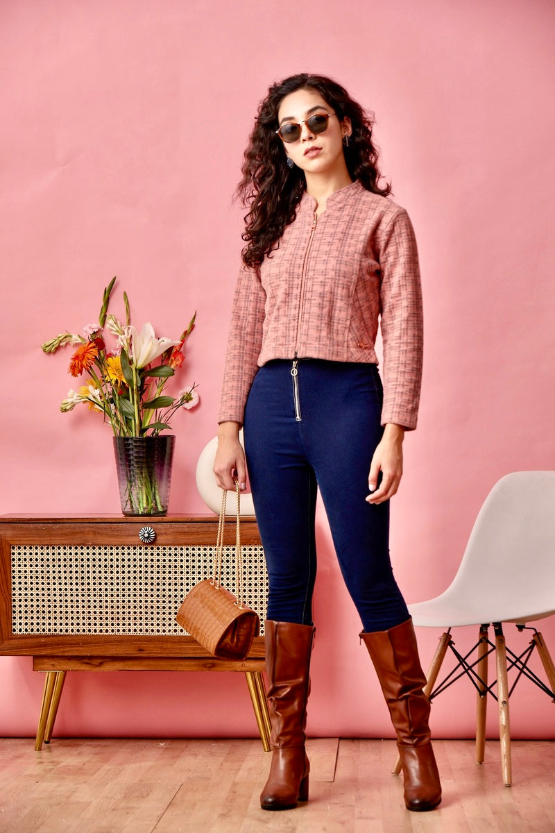 Pink Zipper Crop Sweat Shirt