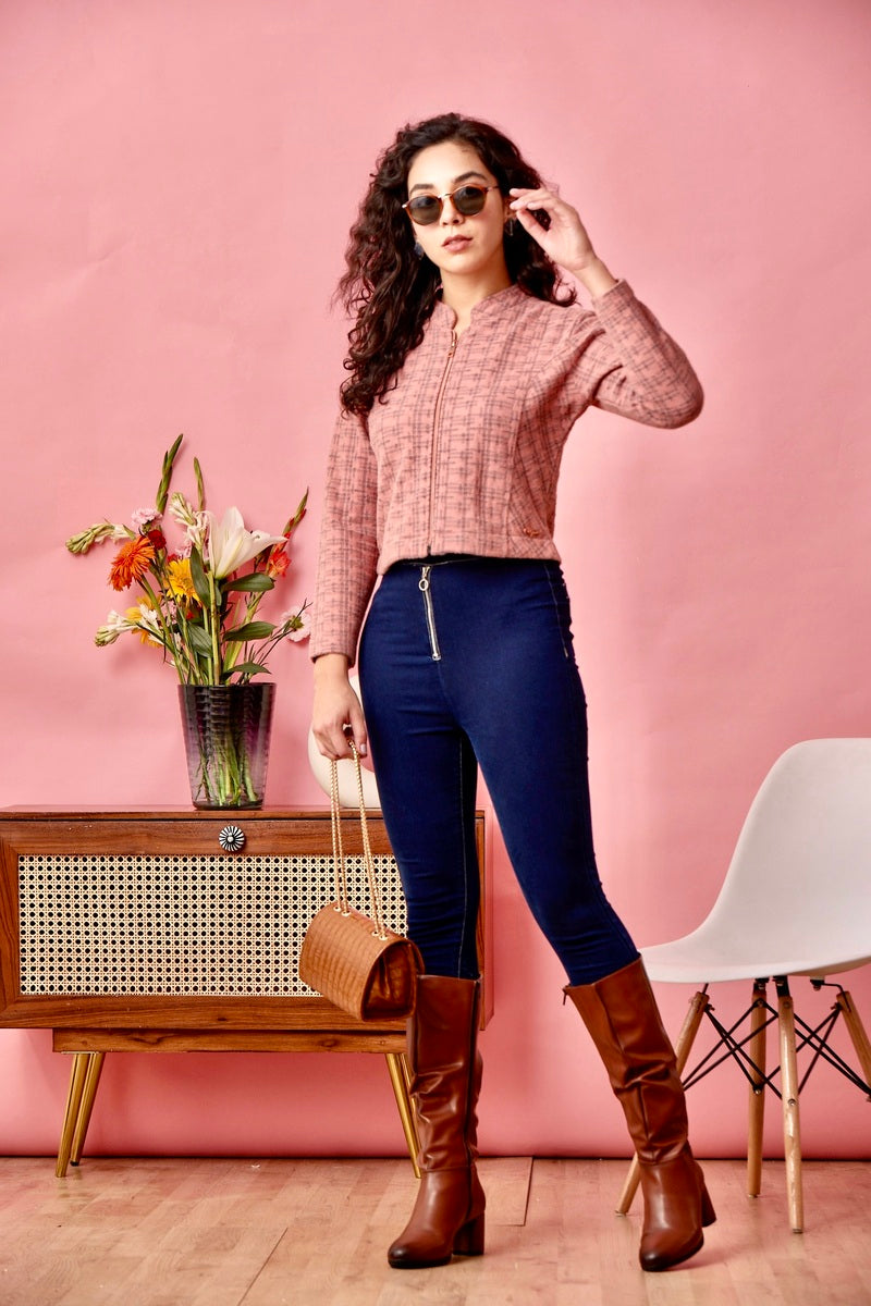 Pink Zipper Crop Sweat Shirt