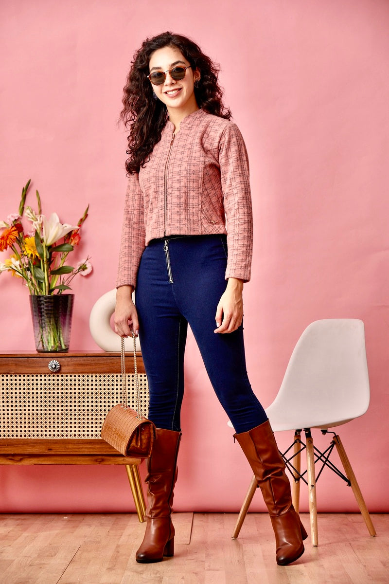 Pink Zipper Crop Sweat Shirt