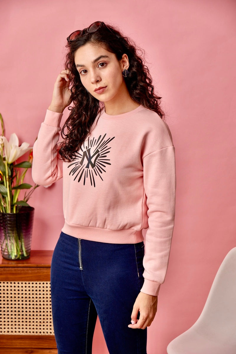 Pink Reflective Print Anti Fit Crop Sweat Shirt