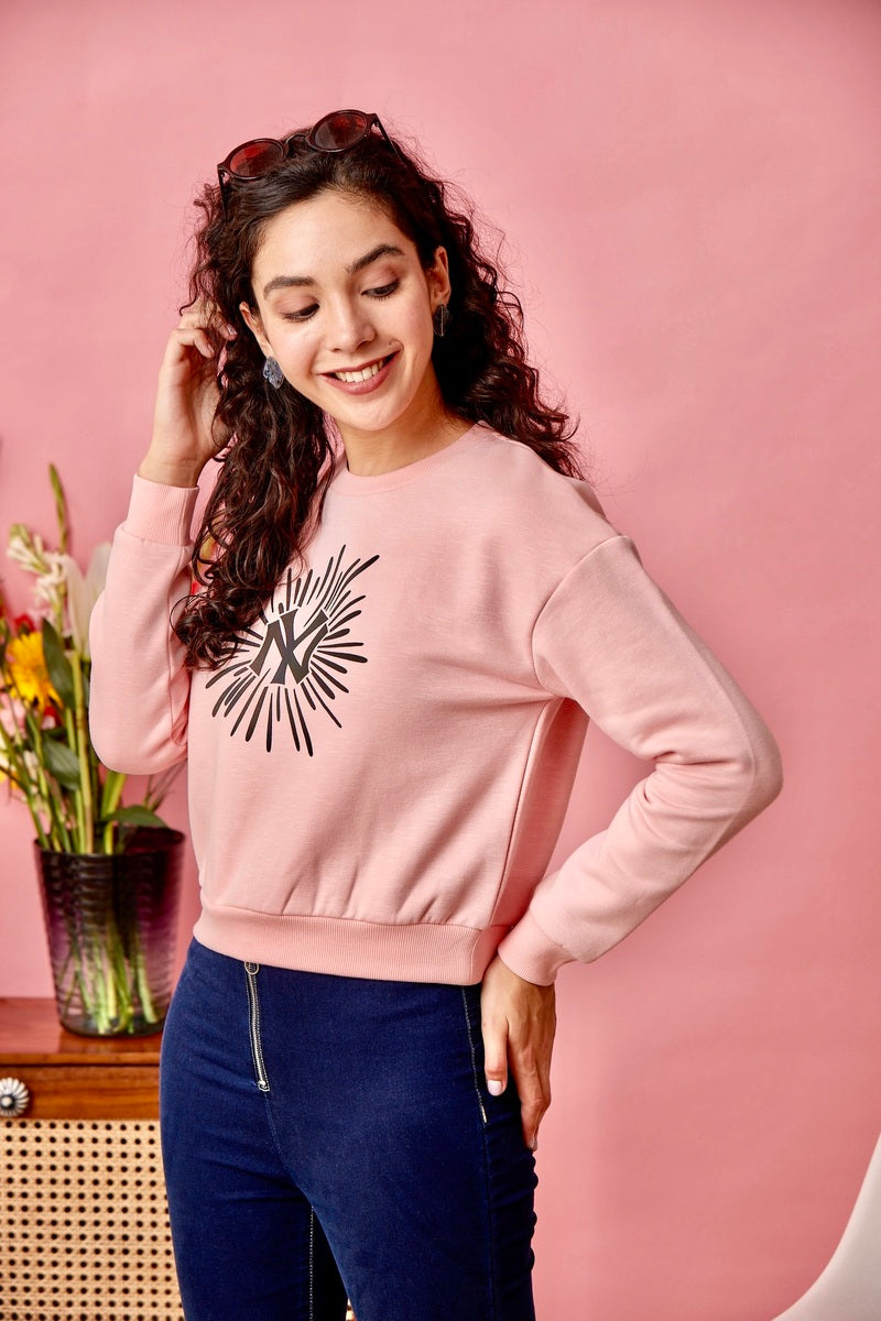 Pink Reflective Print Anti Fit Crop Sweat Shirt