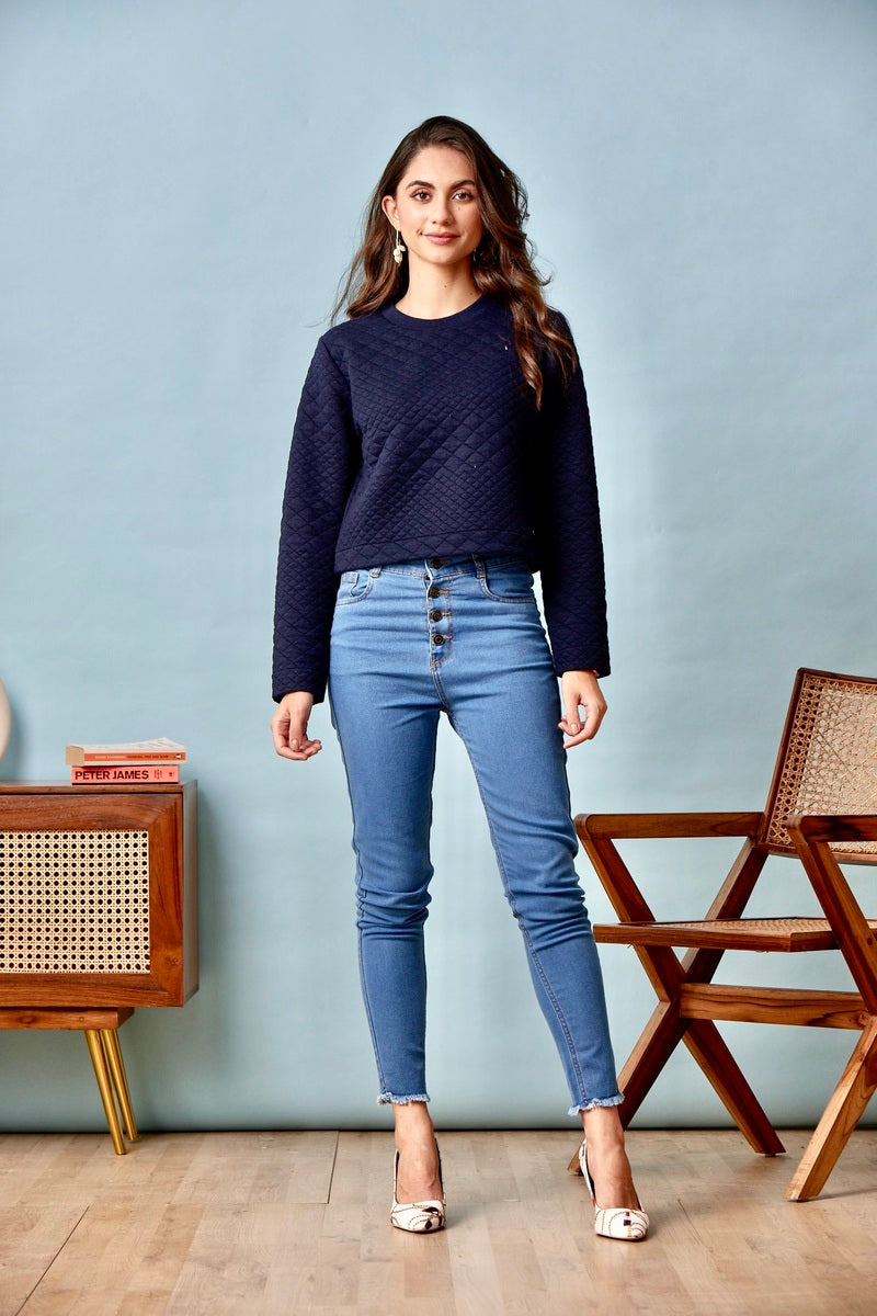 Navy Blue Self Check Crop Sweat Shirt