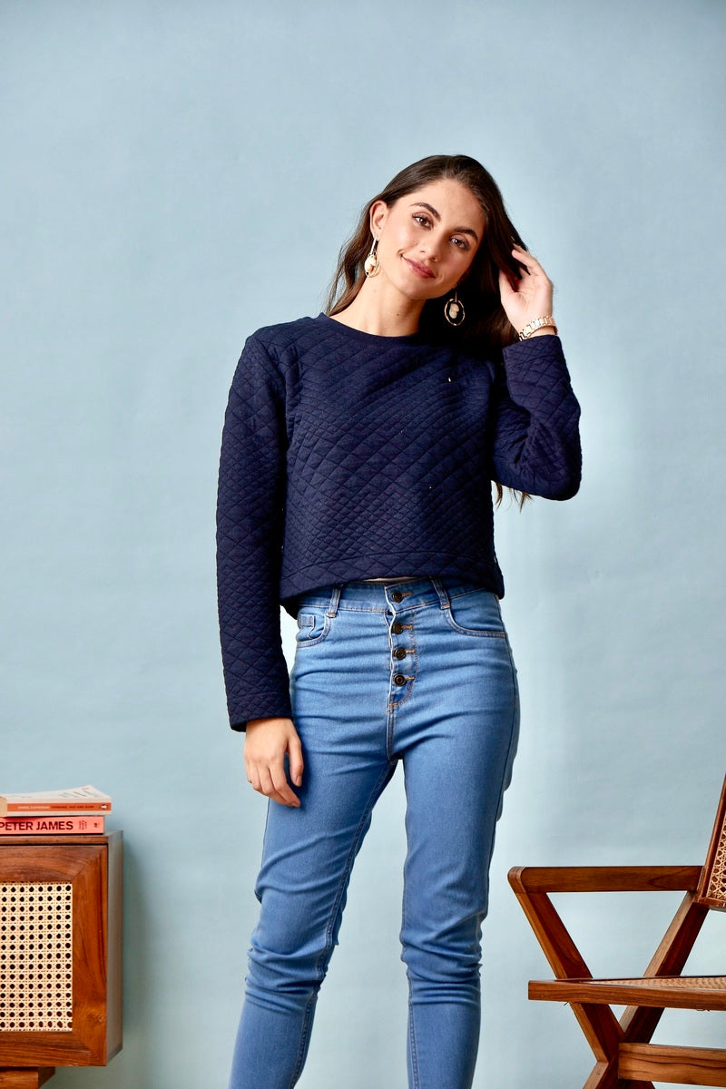 Navy Blue Self Check Crop Sweat Shirt