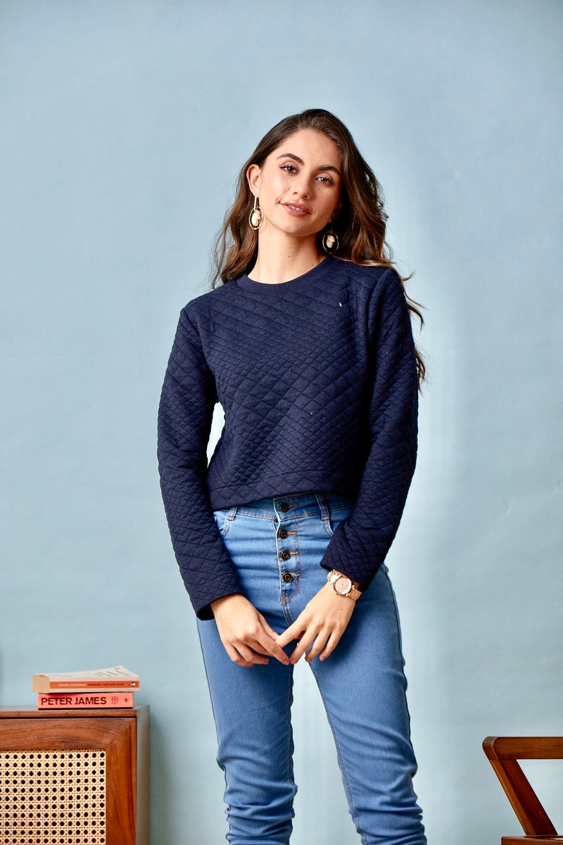 Navy Blue Self Check Crop Sweat Shirt