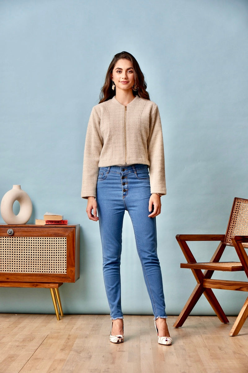32770 - Coffee Brown Zipper Crop Sweat Shirt