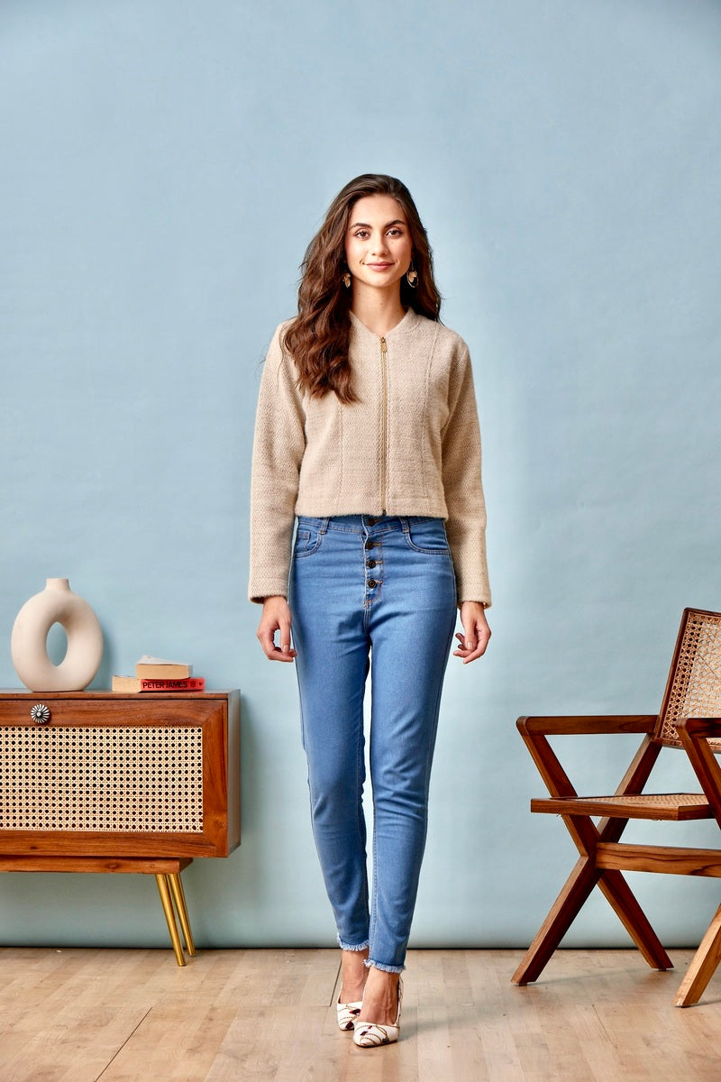 32770 - Coffee Brown Zipper Crop Sweat Shirt
