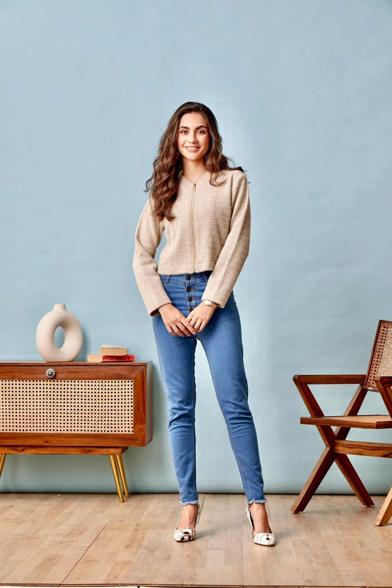 32770 - Coffee Brown Zipper Crop Sweat Shirt