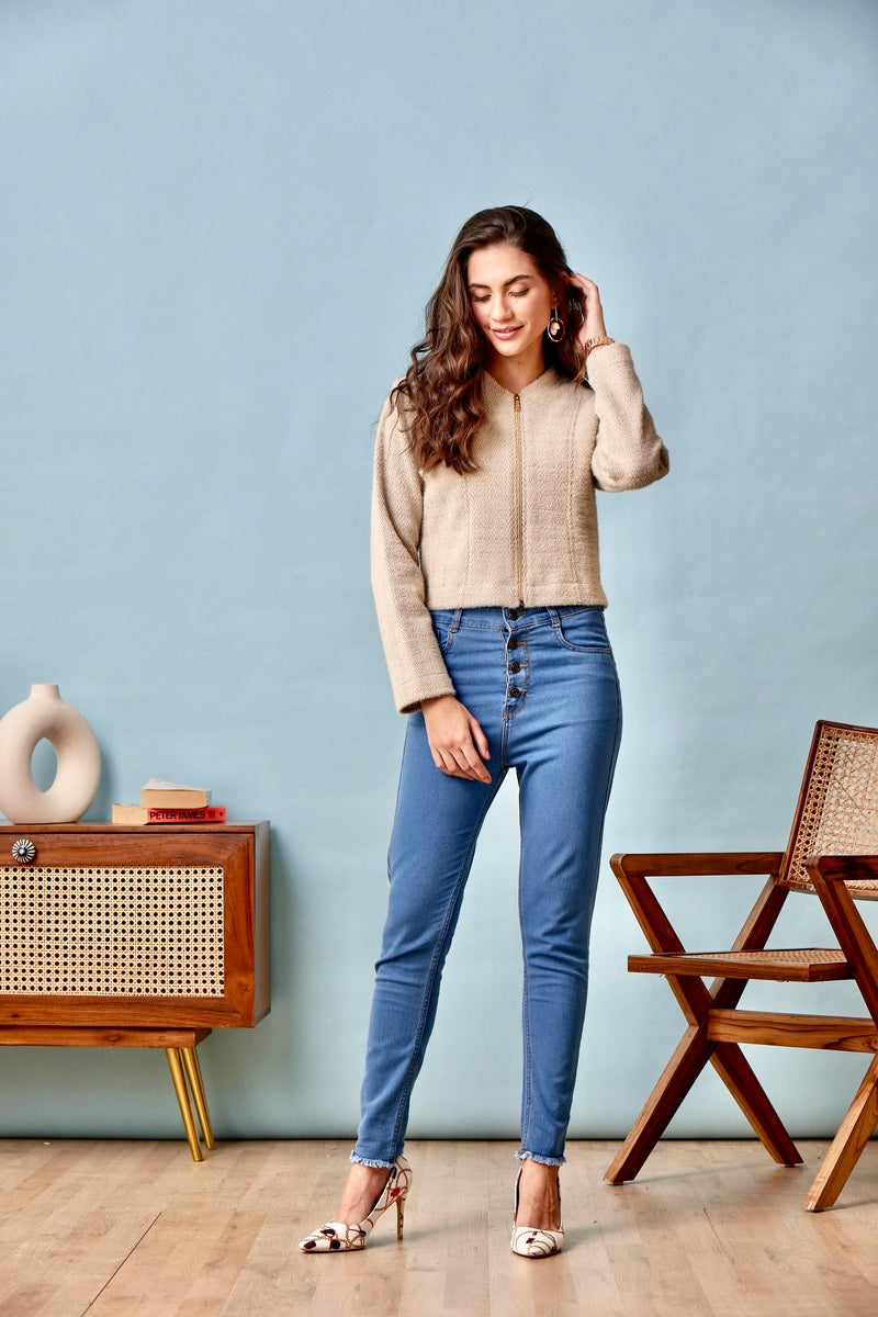 32770 - Coffee Brown Zipper Crop Sweat Shirt