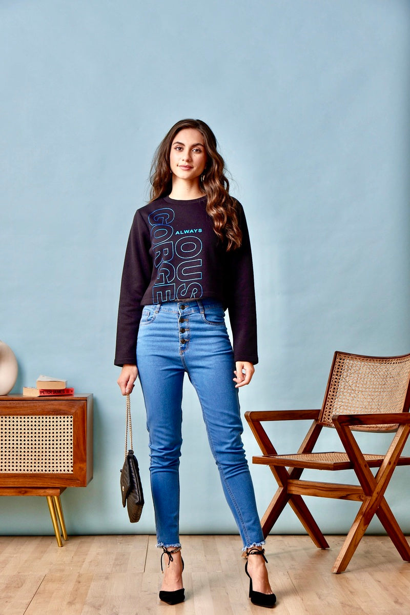 Black Print Crop Sweat Shirt