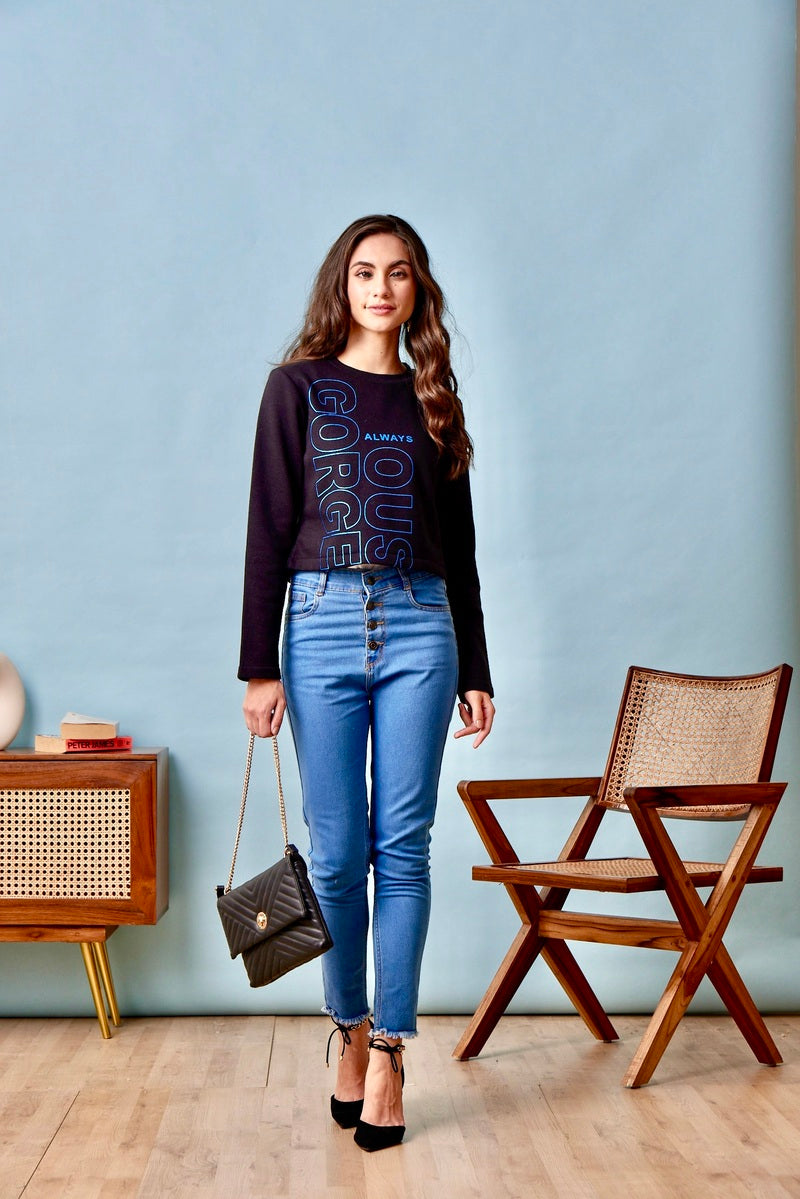 Black Print Crop Sweat Shirt