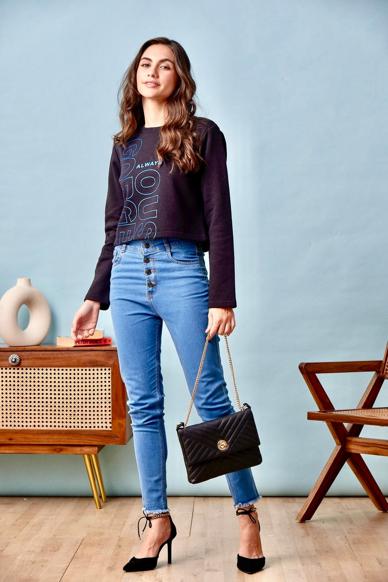 Black Print Crop Sweat Shirt