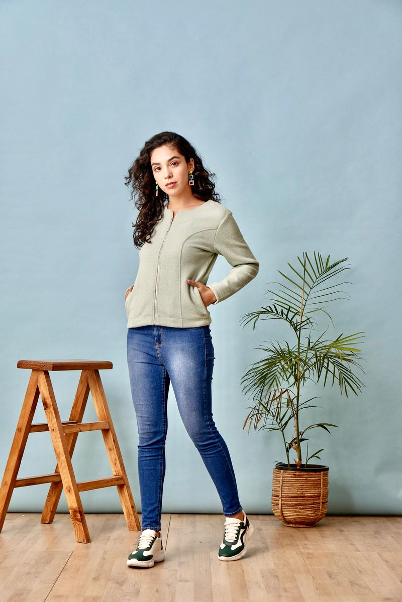32782 - Green Zipper Crop Sweat Shirt