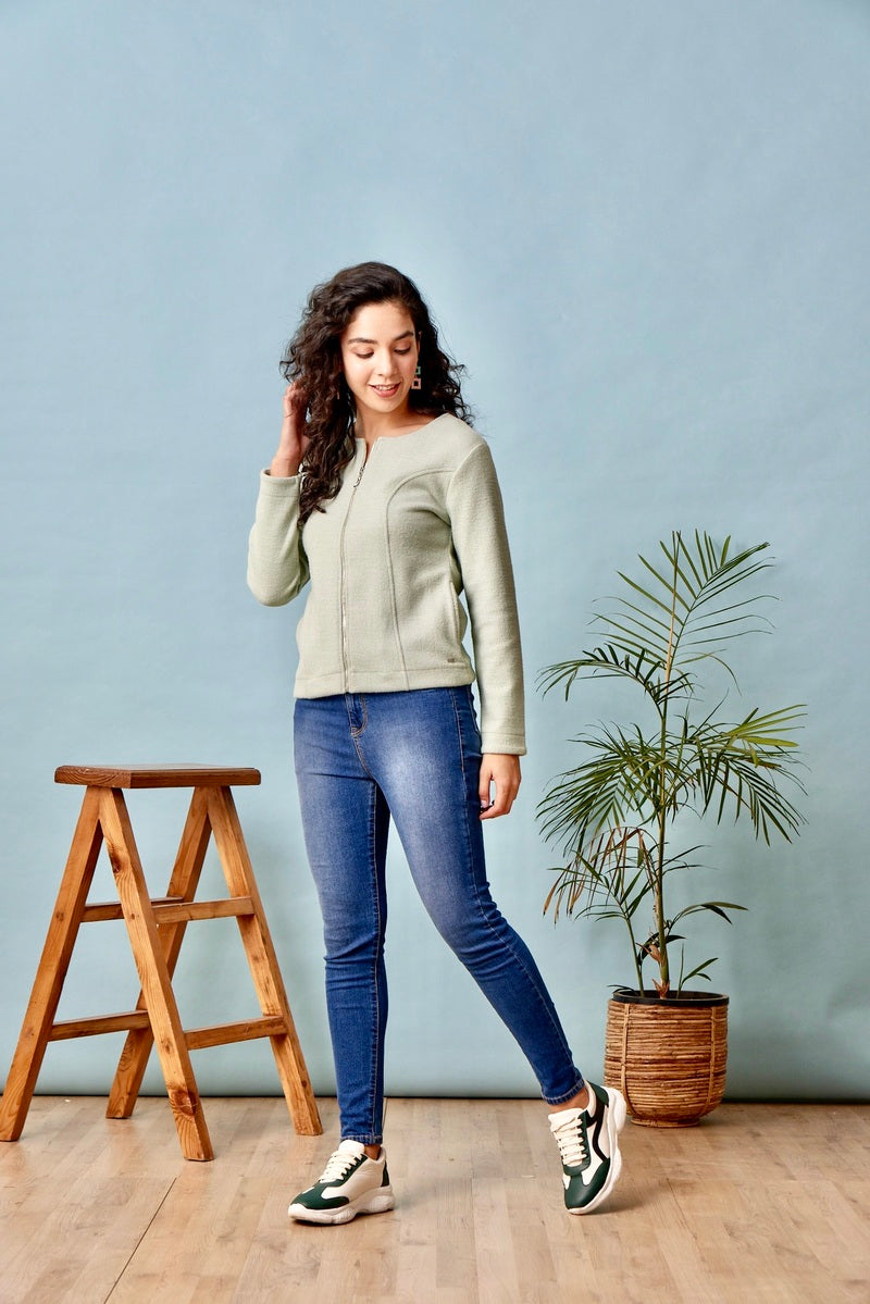 32782 - Green Zipper Crop Sweat Shirt