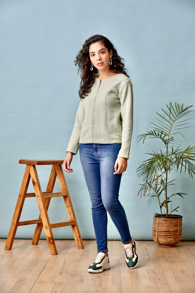 32782 - Green Zipper Crop Sweat Shirt