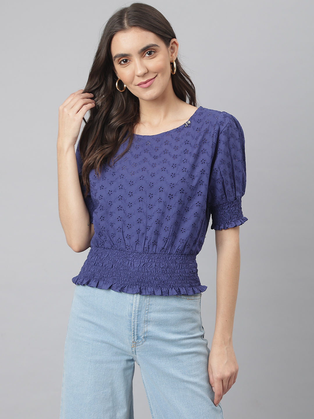 Navy Cotton Chicken Fabric Top With Smoking Waist Band & Sleeves