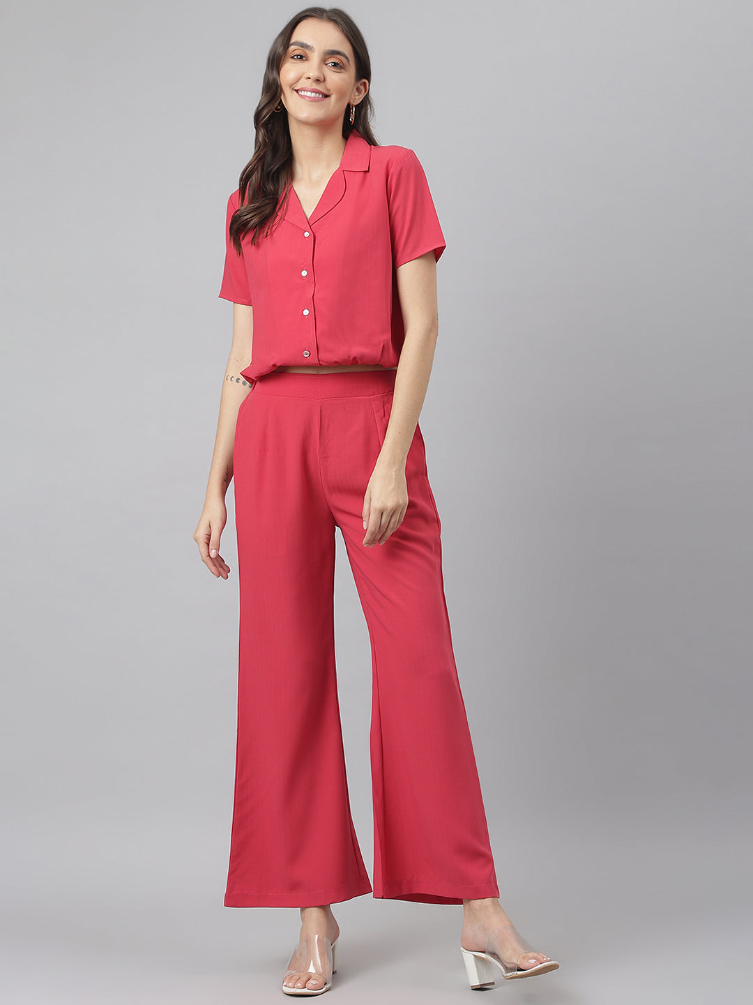 Pink V Neck Collared Co-ordinate Set With Bell Bottom