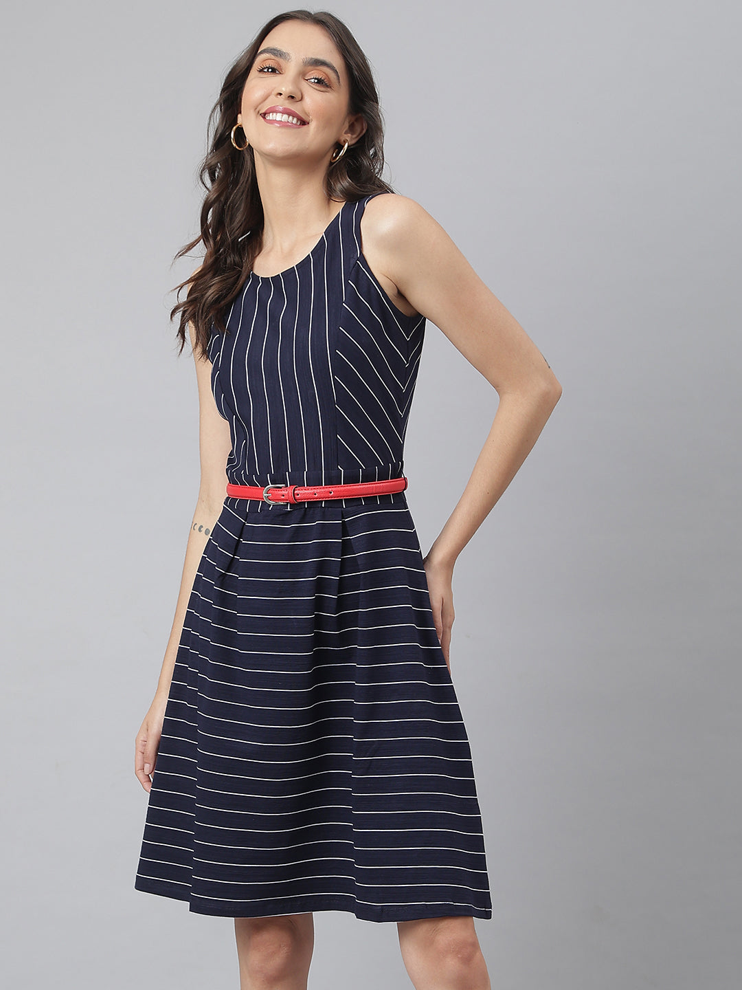 Navy - Round Neck Knitted Cotton Dress
