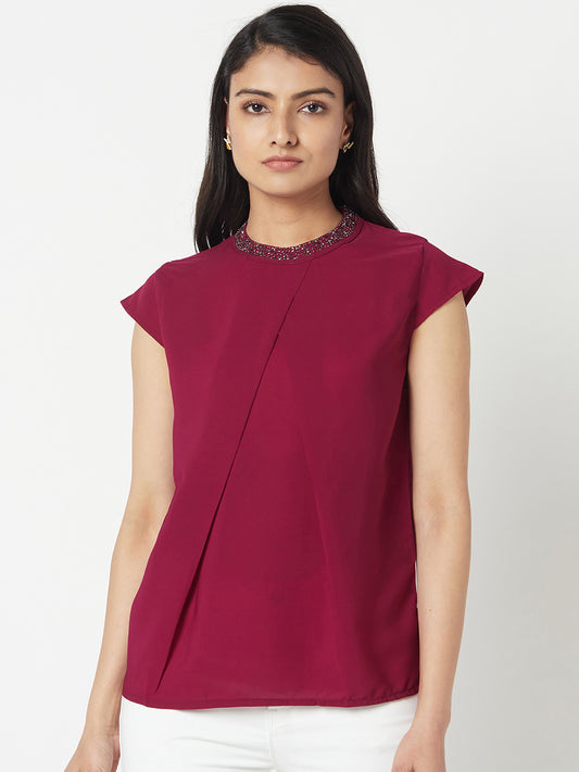 Fuchsia Round Neck hand Embroidered Formal Top