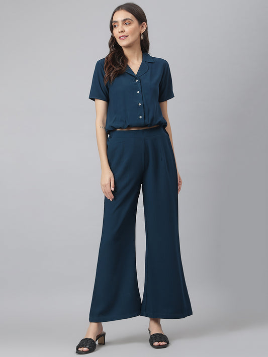 Navy V Neck Collared Co-ordinate Set With Bell Bottom