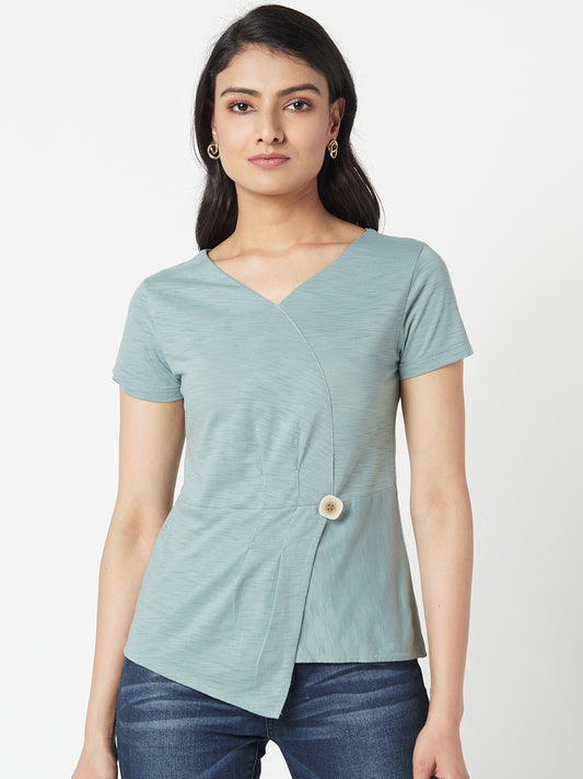 Green V Neck Cotton Top With Extended Side
