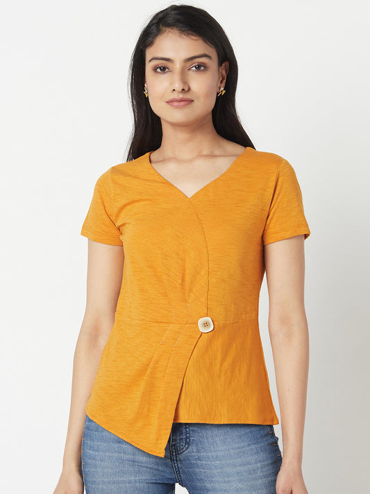 Mustard V Neck Cotton Top With Extended Side