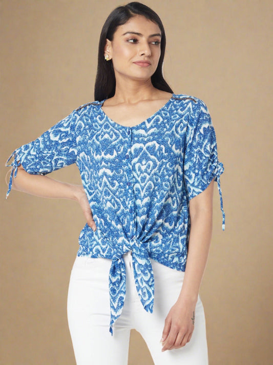 Blue Round Neck Knotted Shirt