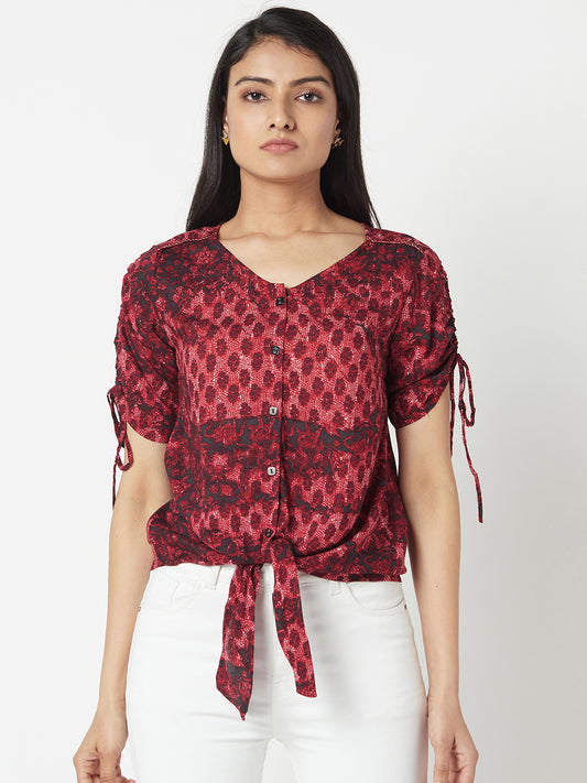 Red Round Neck Knotted Shirt