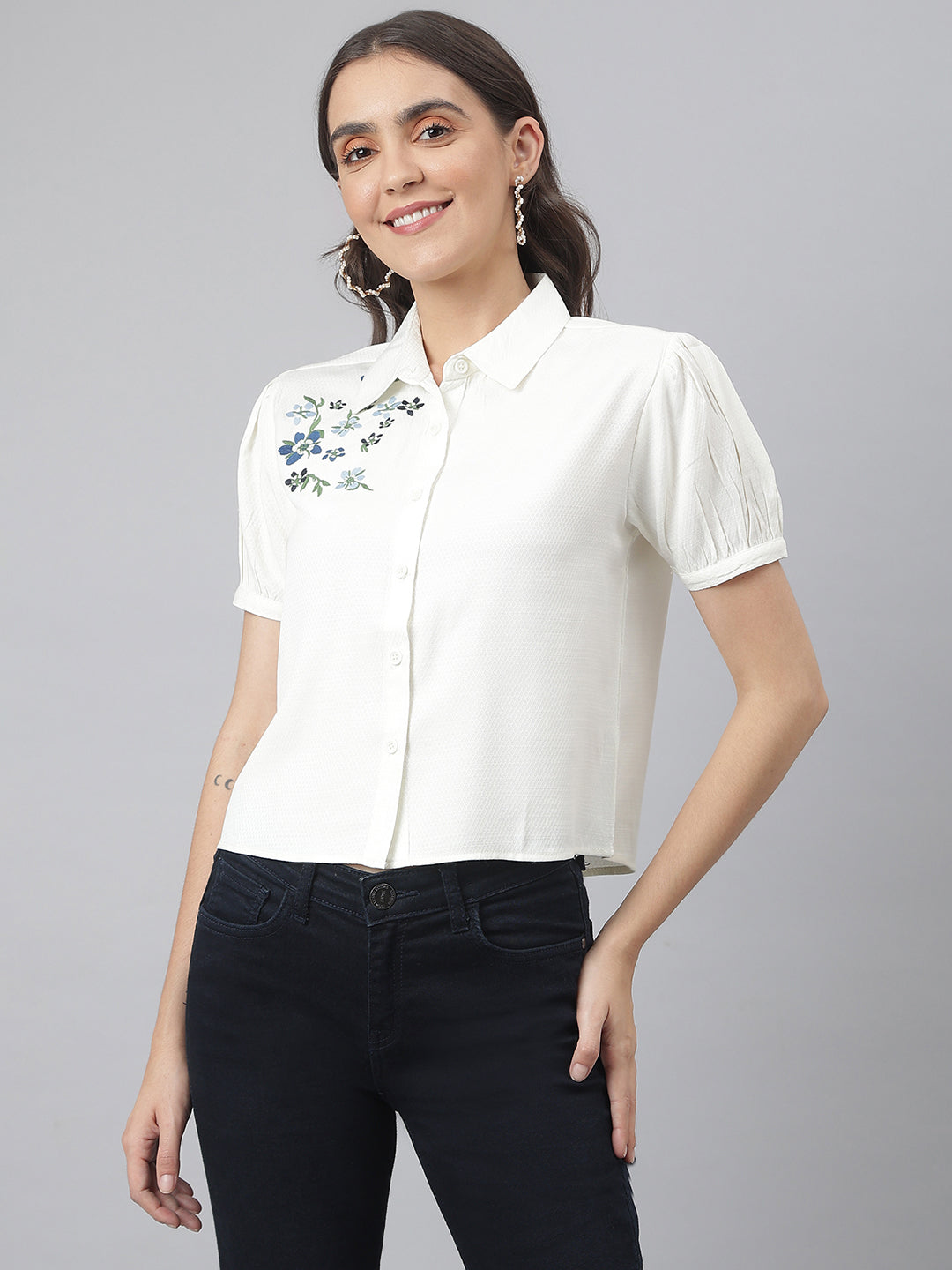 Off White Collared Embroidered Buttoned Shirt (Top)
