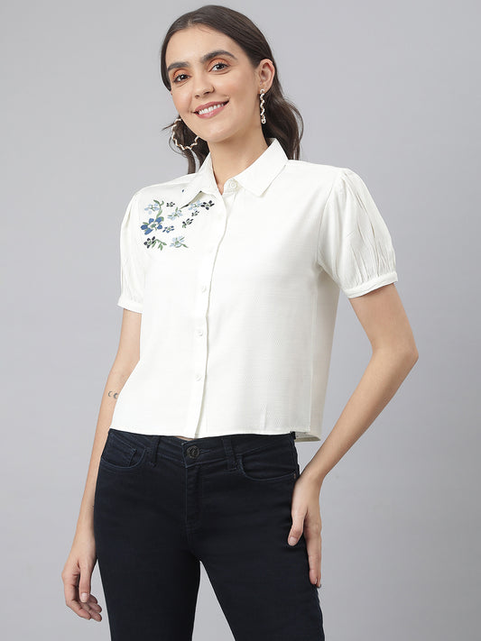 Off White Collared Embroidered Buttoned Shirt (Top)