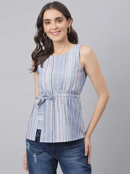 Blue Vertical Striped Cotton Top