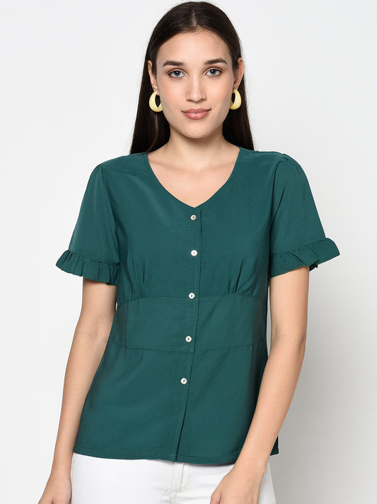 Green V Neck Buttoned Top