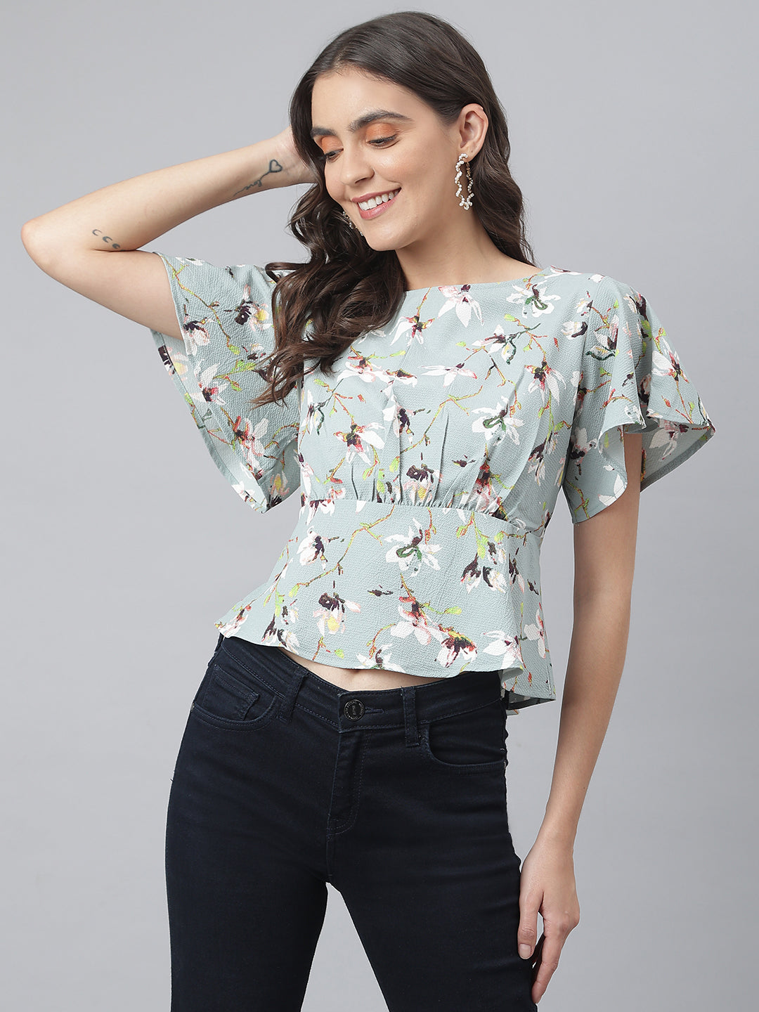 Greyish Blue Floral Printed Office Wear Top